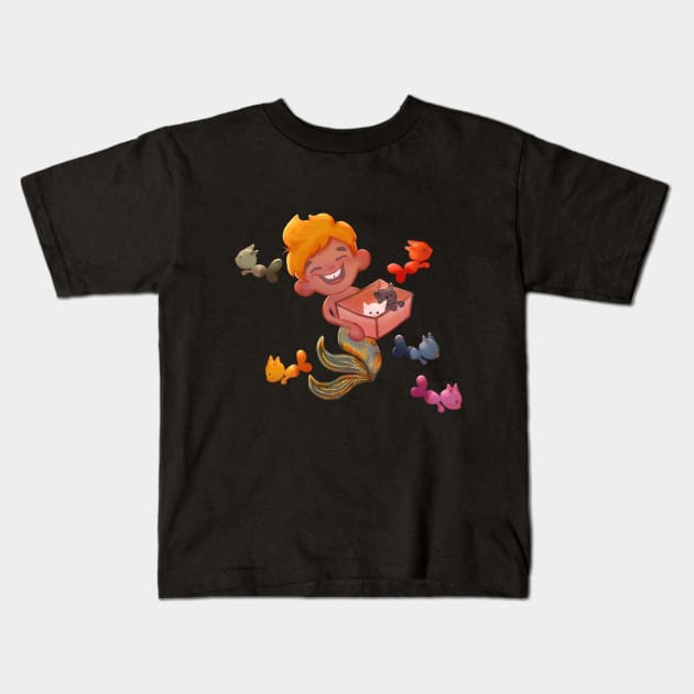 Little mermaid boy with kittens Kids T-Shirt by irina_zhelinskaya